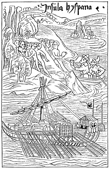 Christoph Kolumbus - Landung auf der Insel Guanahani (Zeichnung: Public Domain)