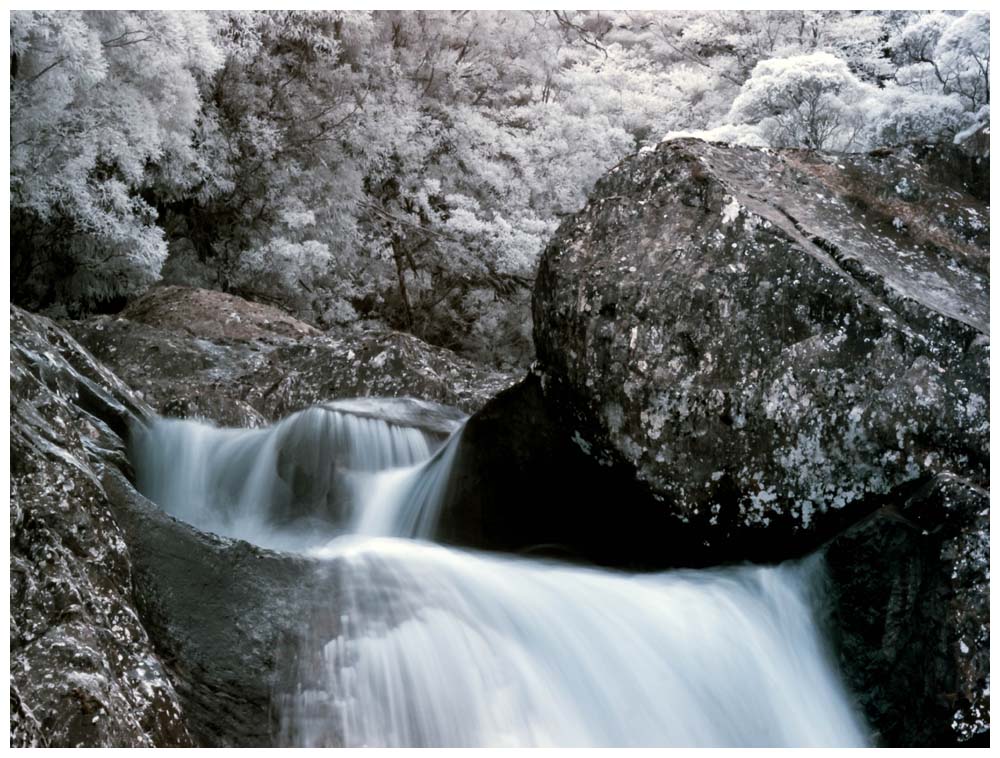 Infrarotfoto aus dem Parque Nacional Alerce Andino, Wasserfall des Río Chaicas