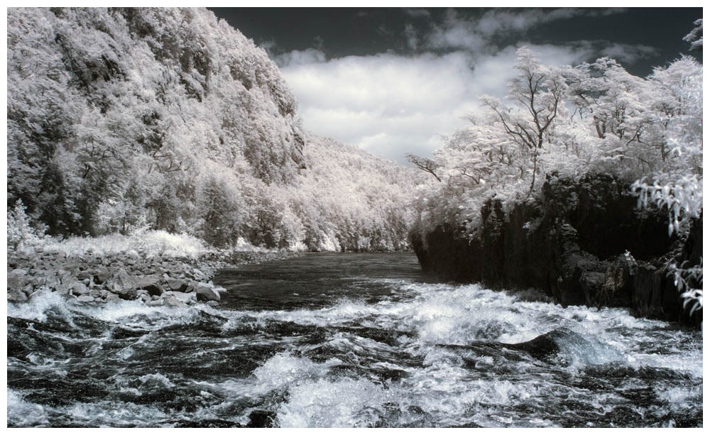 Infrarotfoto aus dem Parque Nacional Alerce Andino, beim Wasserfall des Río Chaicas