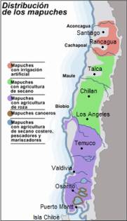 Karte, Verbreitungsgebiet der Mapuche in Chile