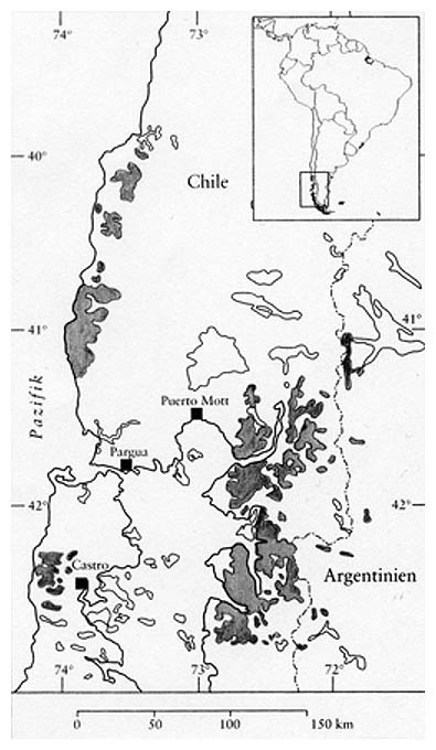 Karte, Verbreitungsgebiet der Fitzroya cupressoides